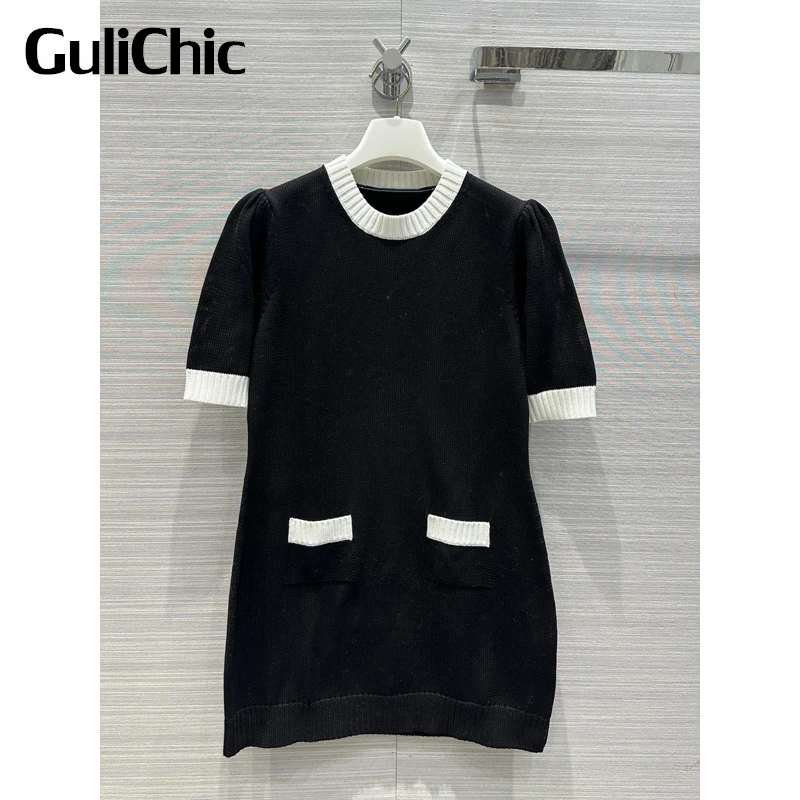 

3.1 GuliChic Women Temperament Round Neck Contrast Color Design Embroidery Letter Casual Knitted Slim Mini Dress