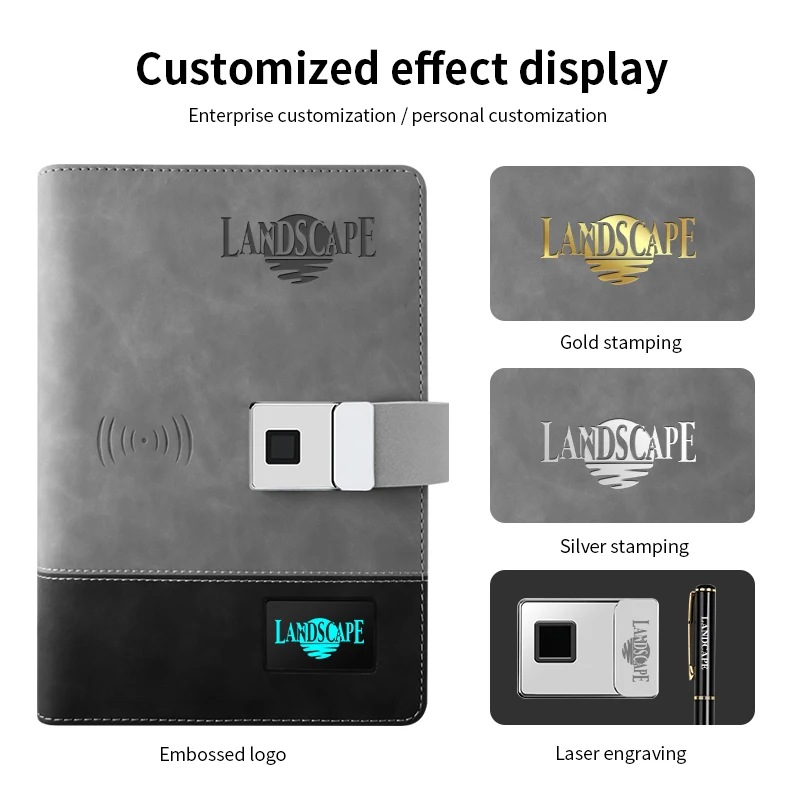 

Ноутбук со светодиодным экраном и беспроводным зарядным устройством, USB, роскошный кожаный дневник ручной работы с блокировкой по отпечатку пальца и лазерным логотипом бесплатно