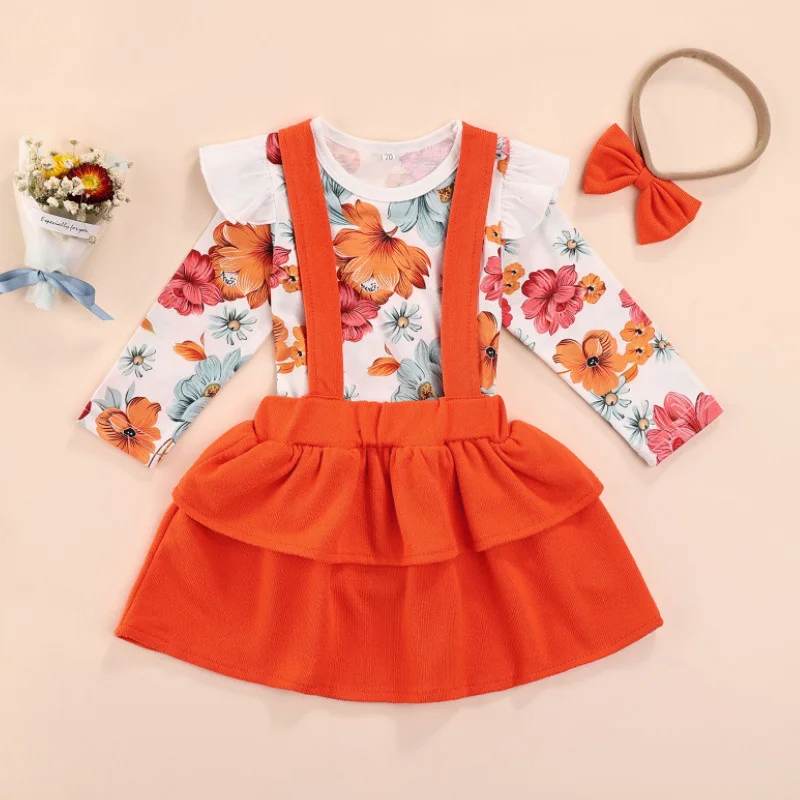 

3 Pcs Baby Girls Casual Outfits, Flower Print Fly Sleeve Round Neck Playsuit + Solid Color Suspender Skirt + Bow Headband