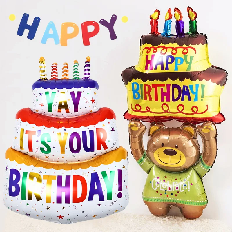 

Happy Birthday Large Cake Balloons 3-Layer Color Bear Candle Cake Balloons for Kids Birthday Party Decoration Props Ballon Toys