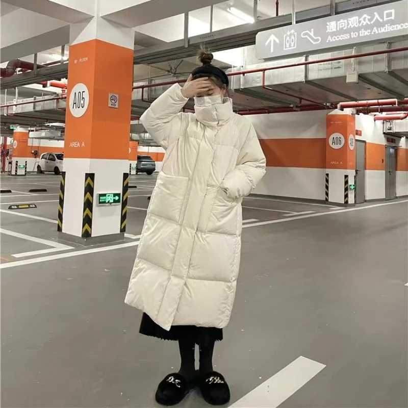 Winter Coat Women New Long Down Jacket Korean Version Thick Loose Solid Color Stand Collar White Eiderdown Bread Overcoat