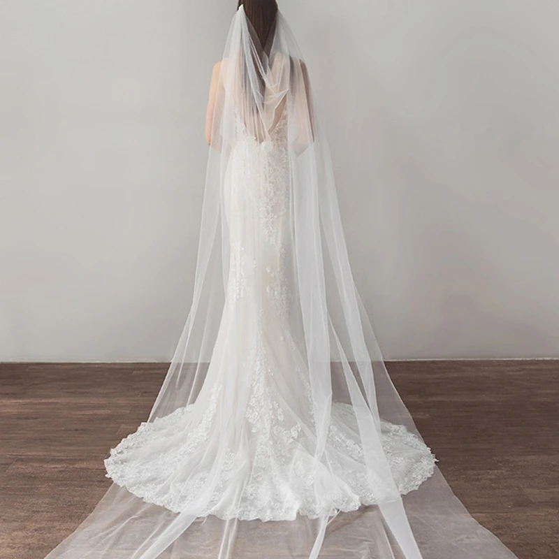 

Wedding Bridal Veil with Comb Illusion Tulle Hair Accessories for Bride Cathedral Cut Edge 1-Tier White Drop Chapel Veil