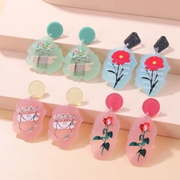 fashion simple rose flower clip earrings temperament long acrylic color flower clip on earrings for women earring