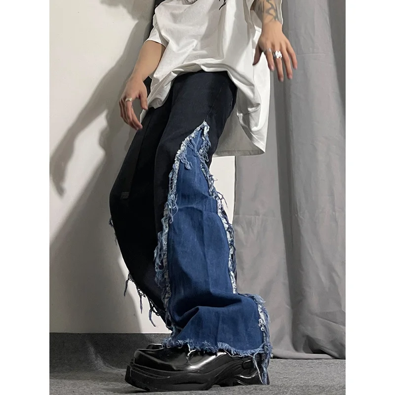 

Джинсы-клеш мужские с широкими штанинами, варенные в стиле ретро, в стиле хип-хоп, с прострочкой по необработанным краям, брюки из денима, уличная одежда, черные синие