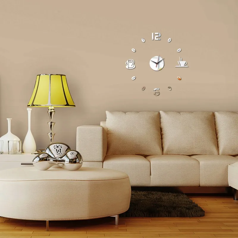 

Simple and creative acrylic coffee cup mirror wall clock 3D personality home art clock decoration background