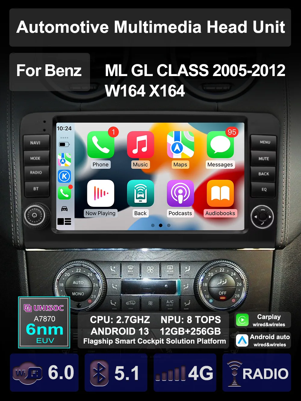 Фото Для Mercedes Benz ML GL CLASS W164 X164 ML350 AI Voice Multimedia Carplay Android Auto GPS Navi Радио стерео Палиер Головное устройство №1
