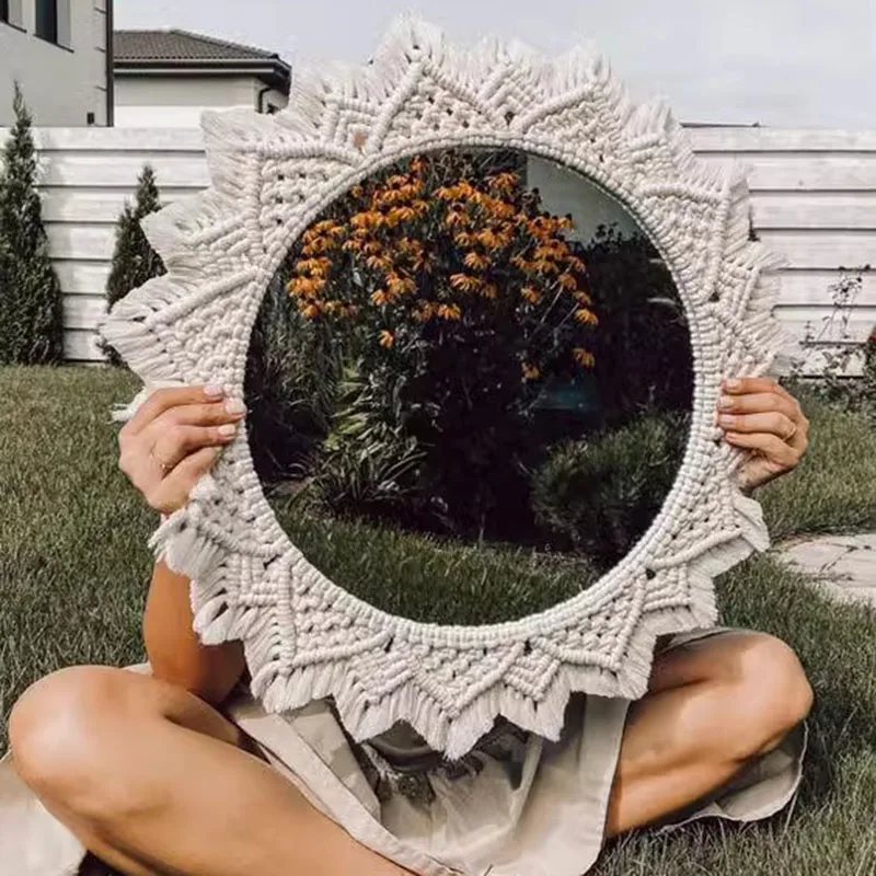 

Macrame Dressing Mirror Aesthetic Girls Korean Style Handheld Portable Mirror Maiden Modern Creative Espelho Household Goods
