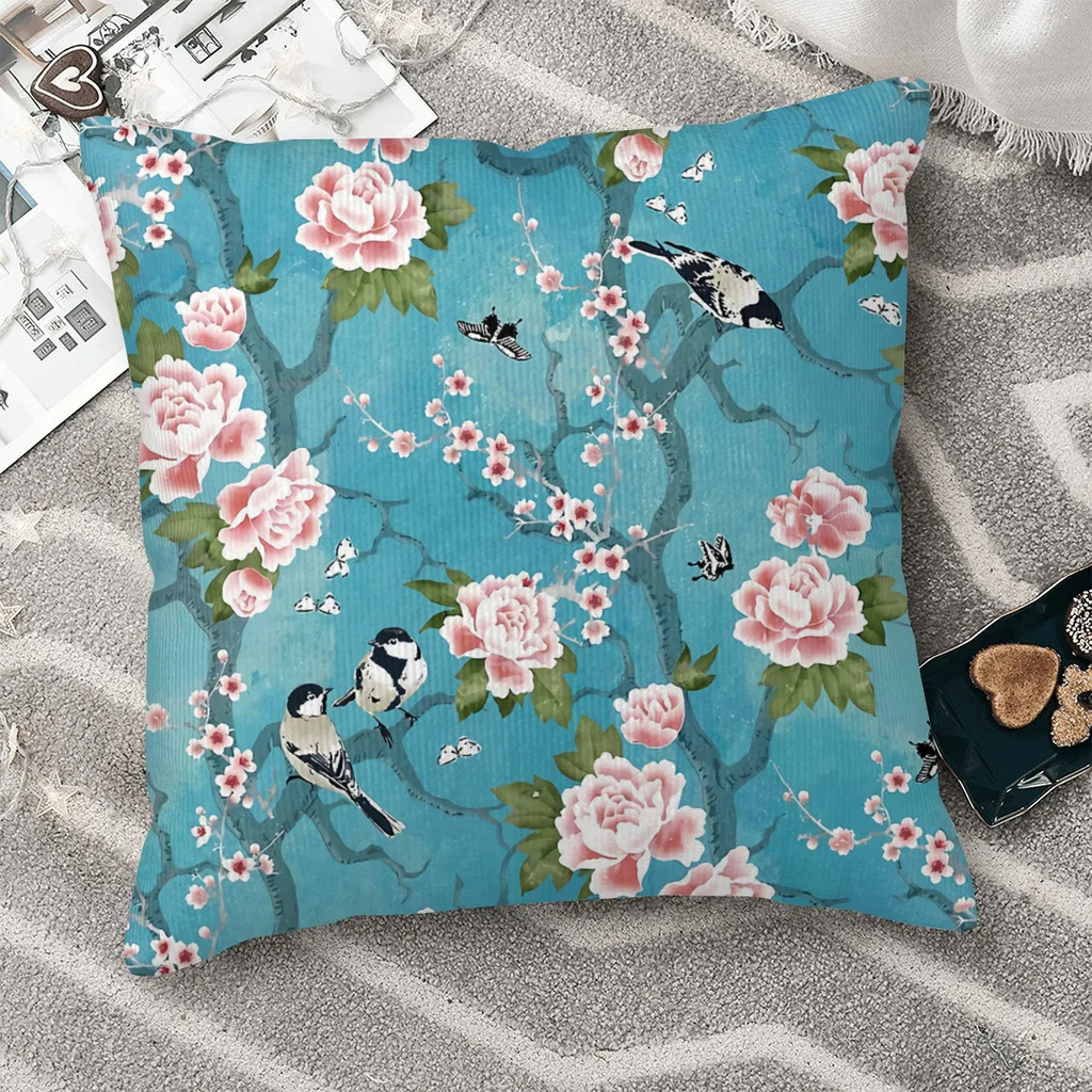 

Chinoiserie Birds In Turquoise Blue Polyester Cushion Cover For Sofa Chair Decorative Washable Throw Pillowcase