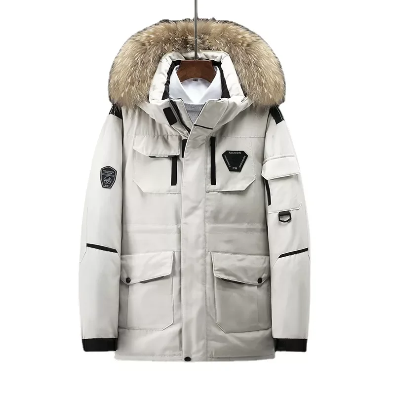 

Парка мужская однотонная на белом утином пуху, теплая утепленная куртка с капюшоном, Повседневная парка, пальто
