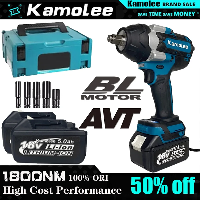 

Kamolee 1800 N.M High Torque 6.0Ah 6000mAh Brushless Electric Impact Wrench 1/2 In Lithium-Ion Battery For Makita 18V Battery