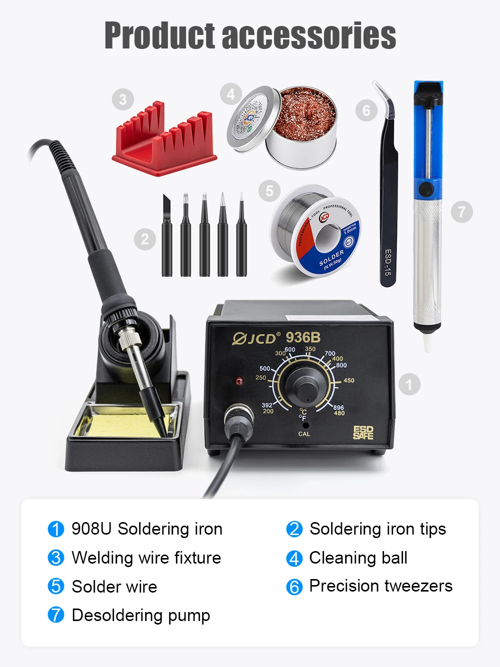 Фото Паяльная станция JCD 936B, 60 Вт, с регулируемой температурой, антистатическая, 110 В/220 В, для электроники и ремонта №2