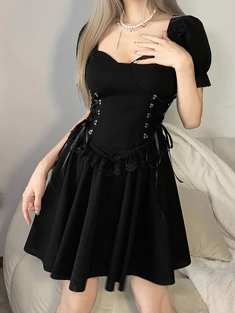 

Vintage Bandage Mall Gothic Bodycon Corset Dresses Grunge Puff Sleeve Black Women A-Line Dress Harajuku Cute Lace Hem Clubwear