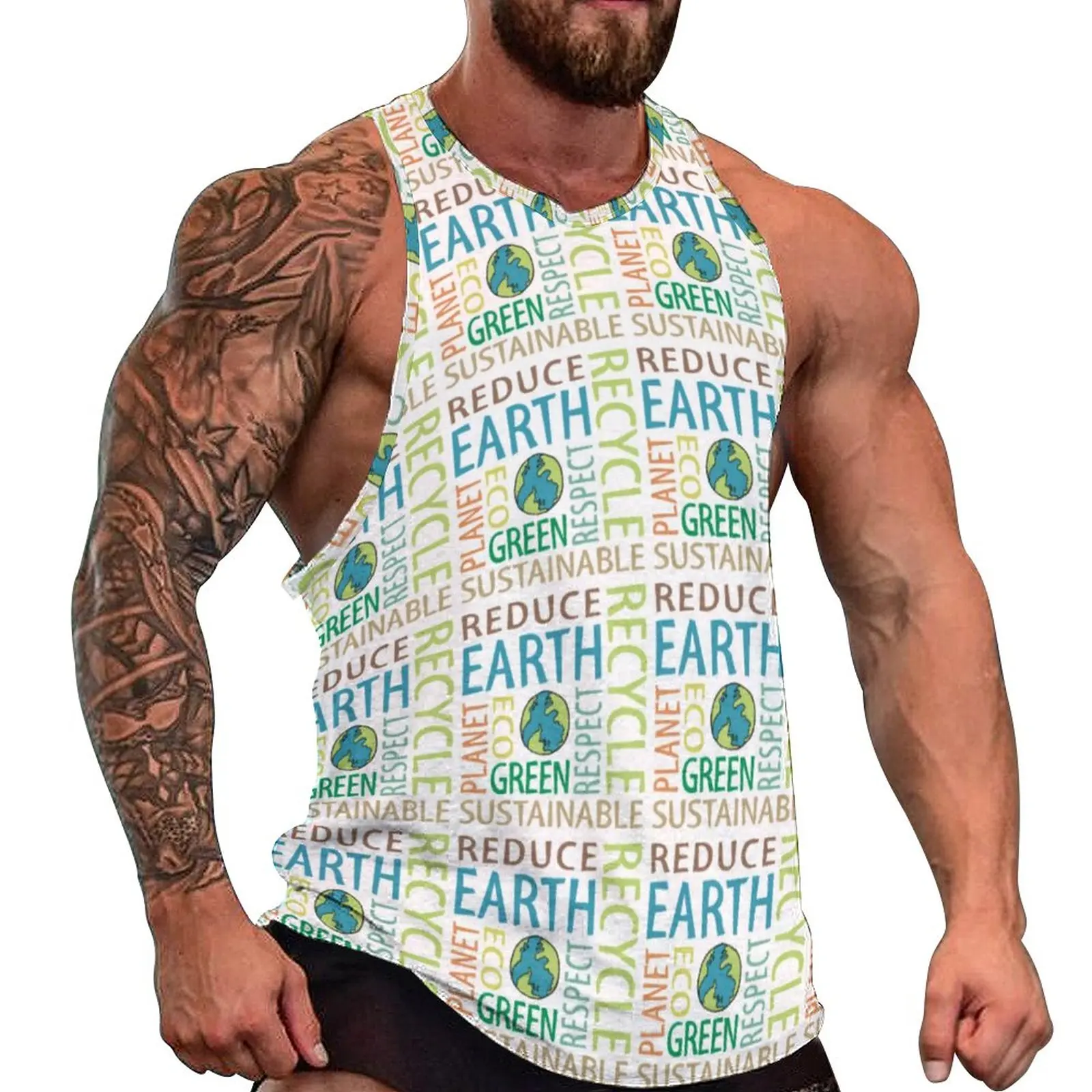 

Word Art Print Daily Tank Top Earth Day Training Tops Man's Graphic Streetwear Sleeveless Shirts Plus Size