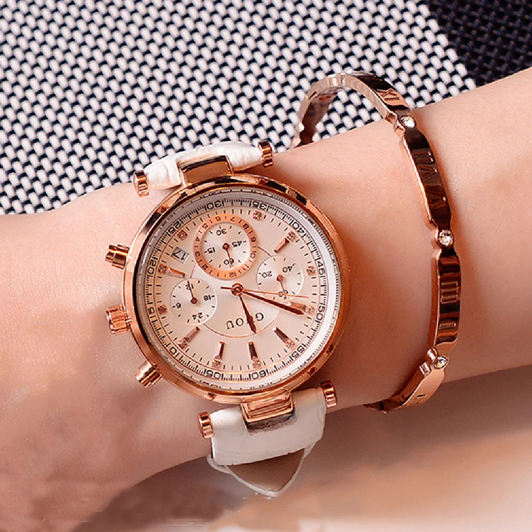 

Fashion Guou Brand Real 3 Eyes Waterproof Leather Or Rose Gold Steel Analog Calendar Wristwatches Wrist Watch For Women Girls