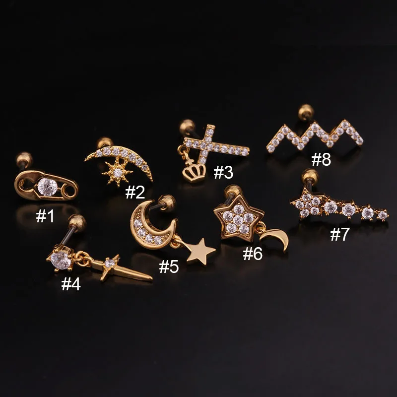 Серьги-гвоздики с фианитом для пирсинга корейский стиль Луна КРОО звезда Козелок