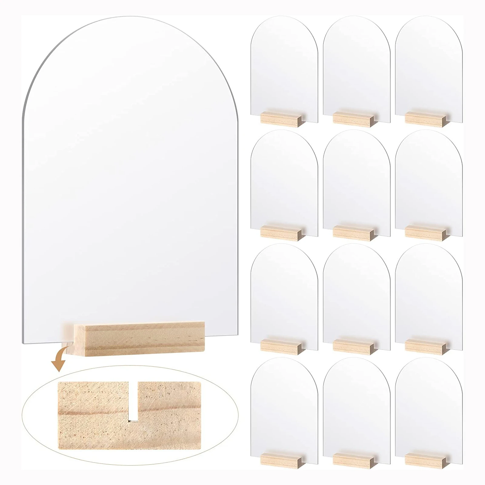

Frosted Blank Acrylic Sheet with Wood Stand Holder Arched Sign Table Number Card w/ Base for Wedding Party Centerpieces Decor