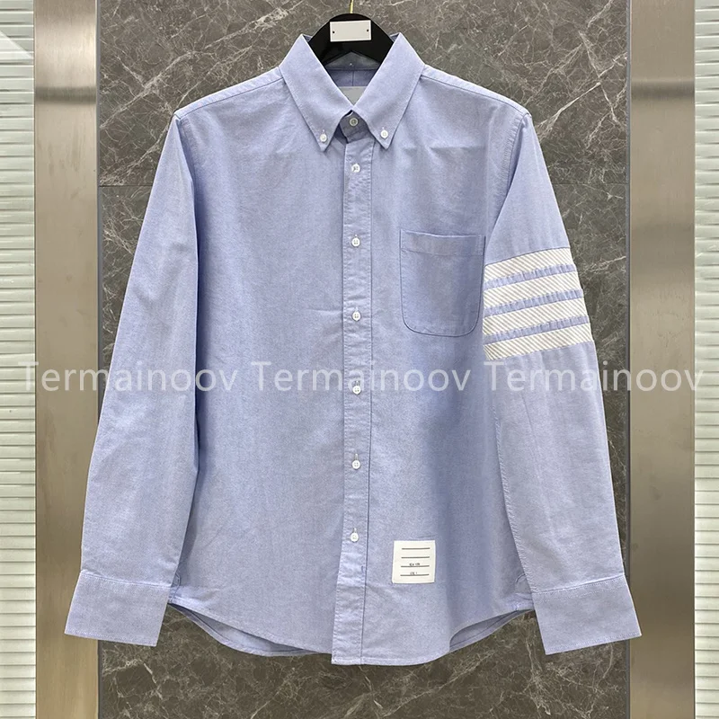 TB Shirts Men Blue Striped Brand New Dress Patchwork Full Sleeve Shirt Formal Business Men Shirts Turndown Collar Men Clothing