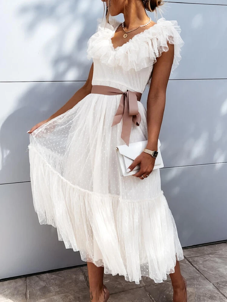 

Women Sexy V Neck Solid White Pink Pleated Ruffle Long Dress Belt Sleeveless A Line Slim Mesh Elegant Fashion Party Dresses