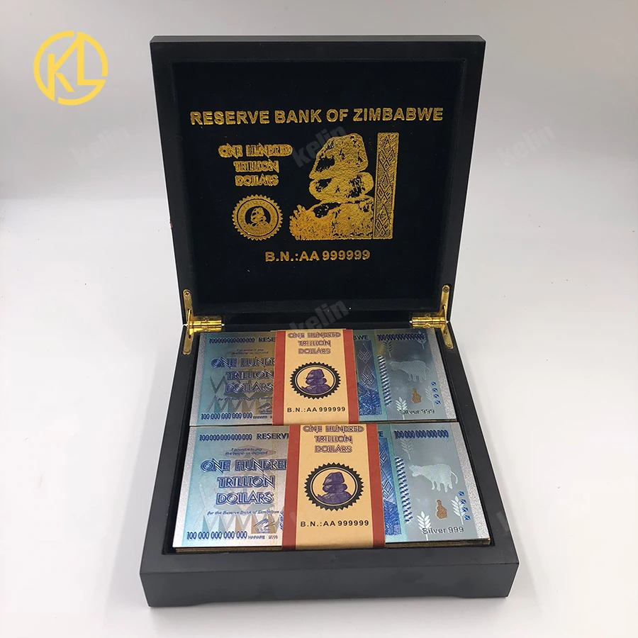 

50+50pcs One Hundred Trillion Dollars Zimbabwe 24K Gold or Silver Banknotes in Box for Collection Business Gift
