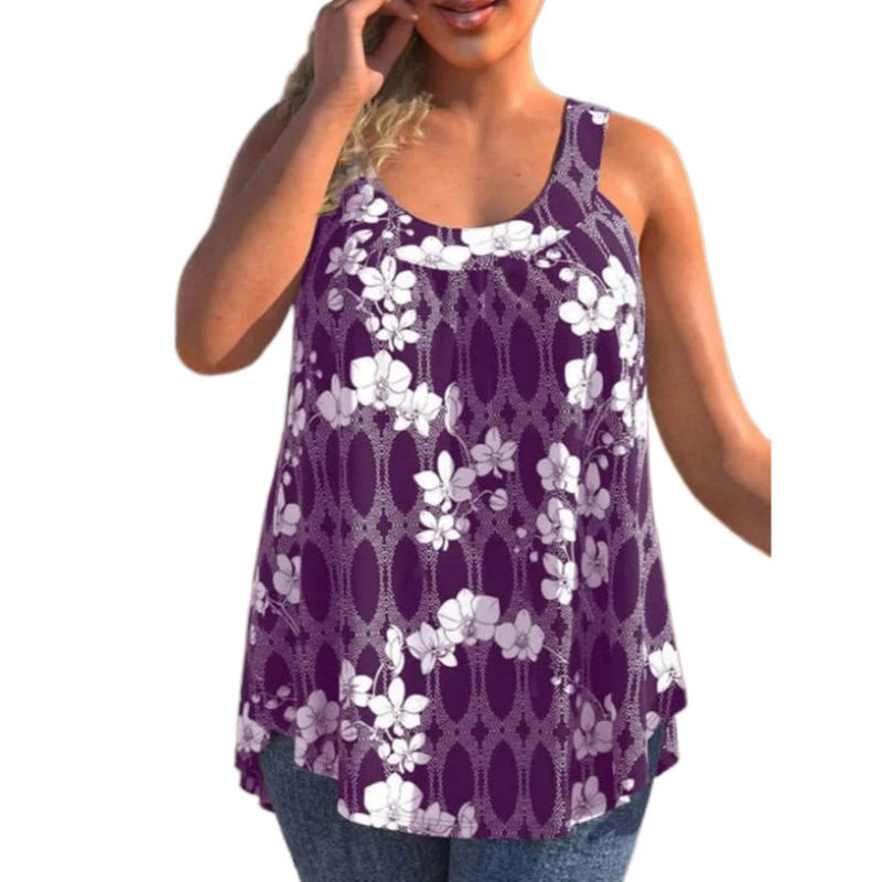 Plus Size Floral  Print Tank Top Summer Casual Loose Women Sleeveless Tees Loose Female Tops Plus Size Women Clothing 4XL 5XL