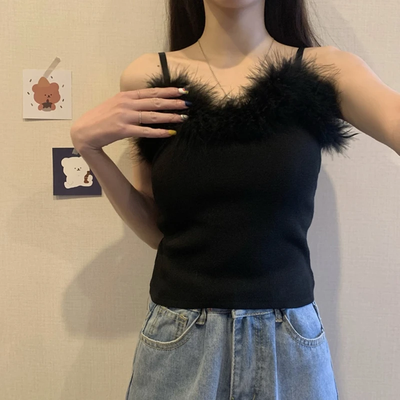 Женская пикантная кофта из искусственного меха с отделкой перьев вязаный тонкий