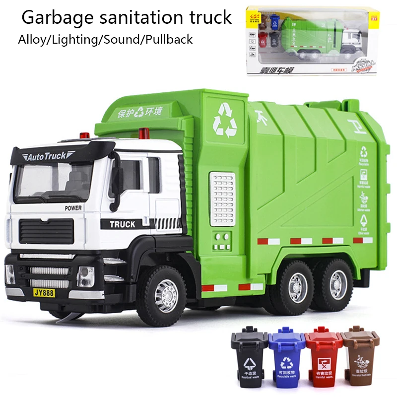 

1/50 Diecast Engineer Sanitation Garbage Transportation Alloy Car Model Pull Back Light Sound Truck Vehicle Gifts For Children