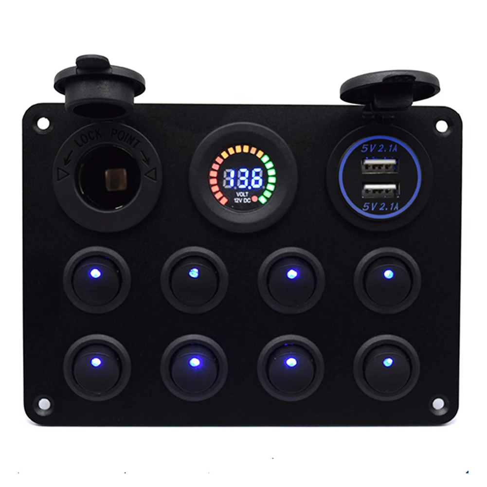 

Car Boat DIY Breaker Overload Protection Truck Led Interior Control Dual USB Rocker Switch Panel 8 Gang Digital Display 12V