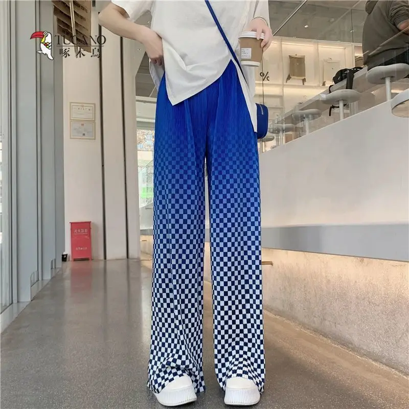 

Женские брюки в клетку с градиентом, свободные широкие брюки с высокой талией, повседневные брюки для женщин, модель I120 на лето, 2022