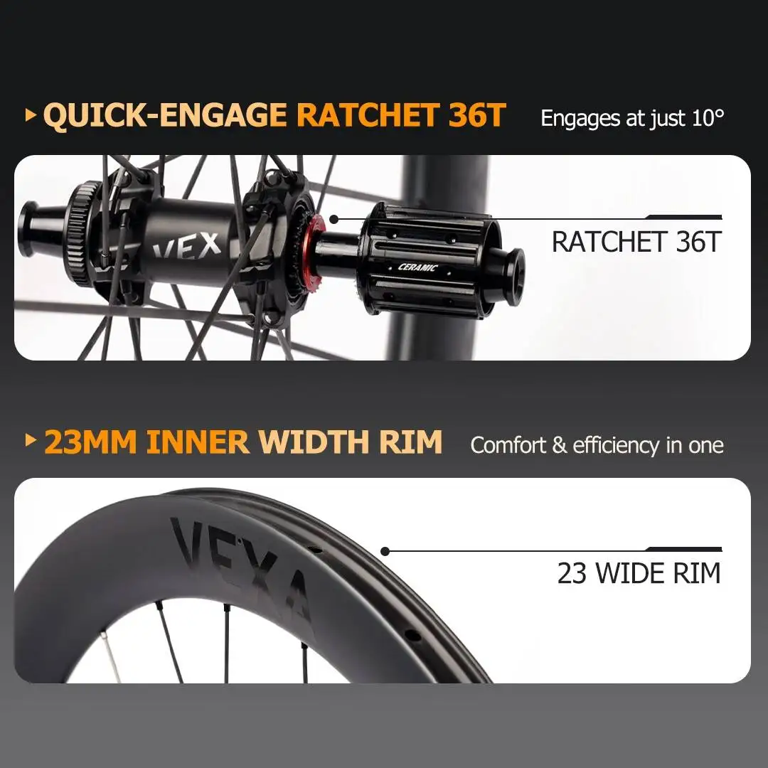 Фото Карбоновый вилсет VEXA ROAD AERO с дисковыми тормозами, 36T Ratchet Hub, бескамерные, внутренняя ширина 23 мм, керамические подшипники, 1371 г, легкий вес №2