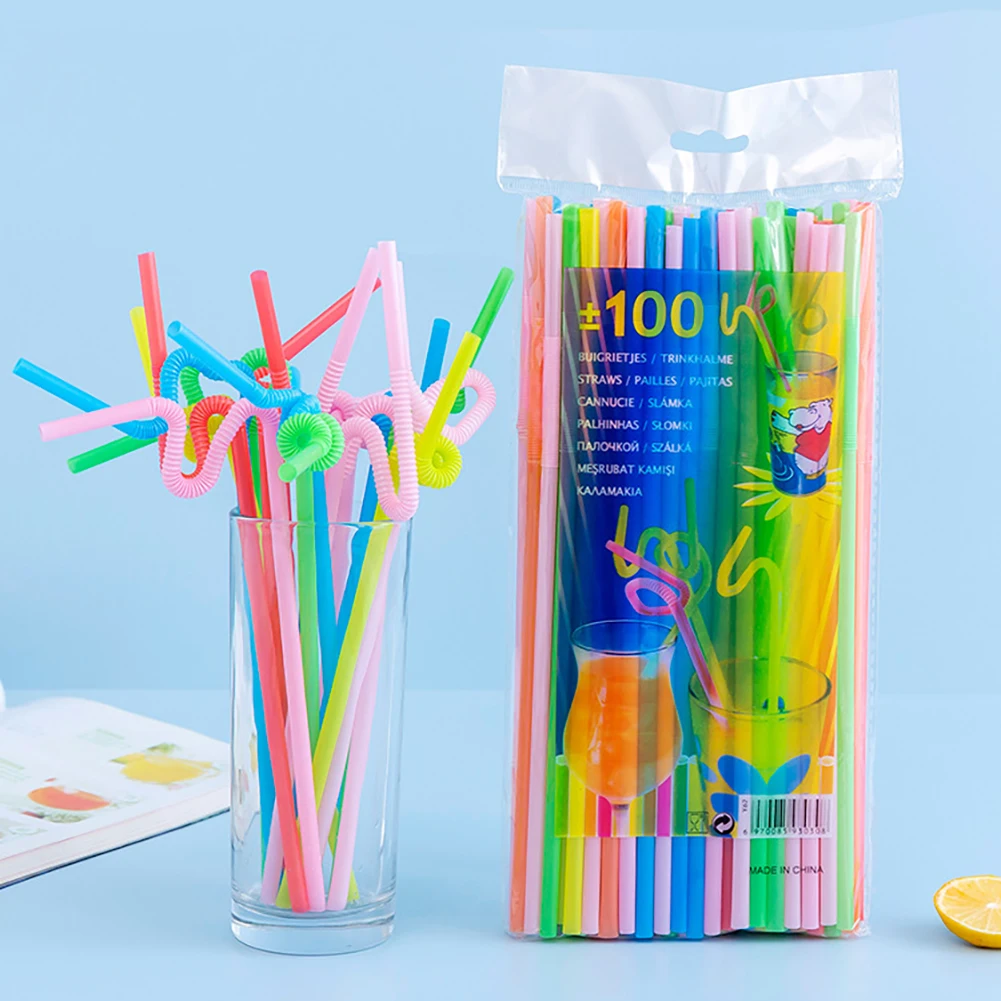 

100Pcs Plastic Bendable Drinking Straws Disposable Beverage Straws Wedding Decor Mixed Colors Party Supplies Cocktail Straw