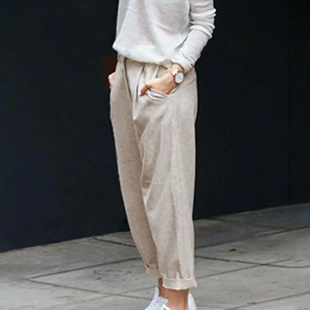 

2022 New Fasion Thin Elastic Waist Women Trousers Casual Pants Side Pockets Drawstring Wide Leg Casual Trousers Ladies Clothing