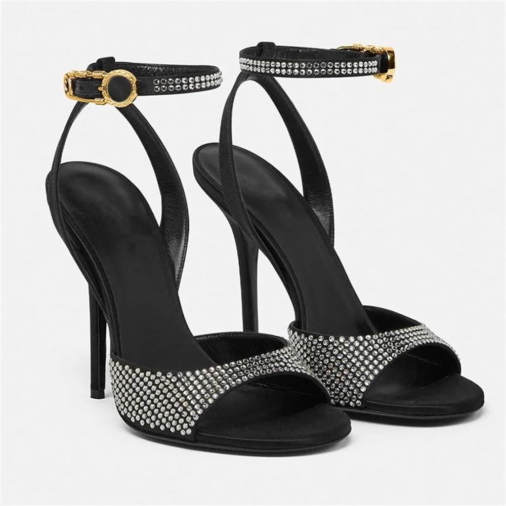 

2023 Summer Fashion Women's High Stiletto Heel Round Toe One Line Buckle High-heeled Sandals Sexy With Diamond/Rhinestone