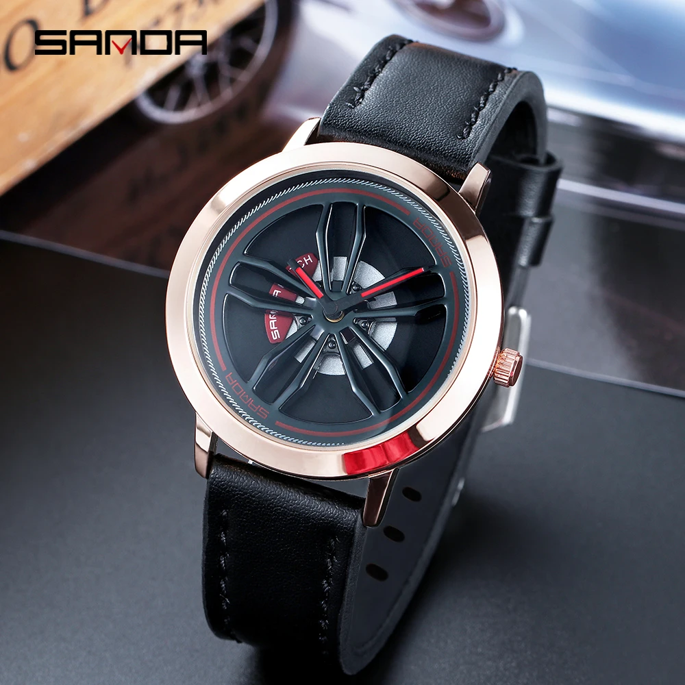 

Sanda Rotating Car Wheel Dial Sports Watch Men Stainless Steel Case Leather Band Watch Quartz Wristwatch 2020 relogio masculino