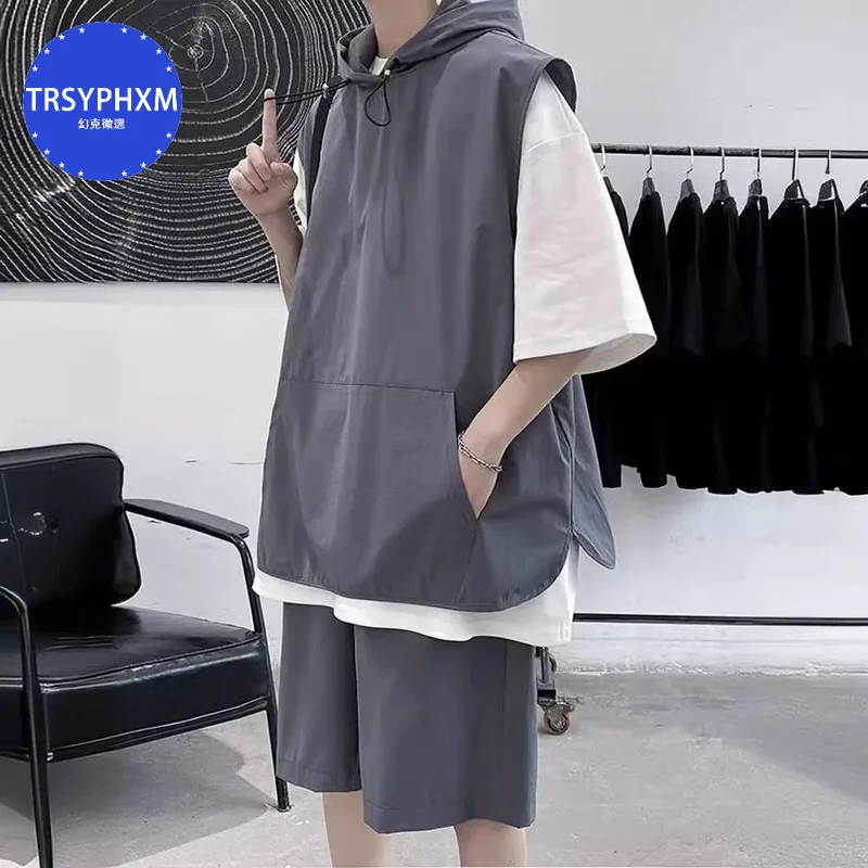 Жилет с капюшоном в американском стиле мужская летняя тонкая свободная футболка