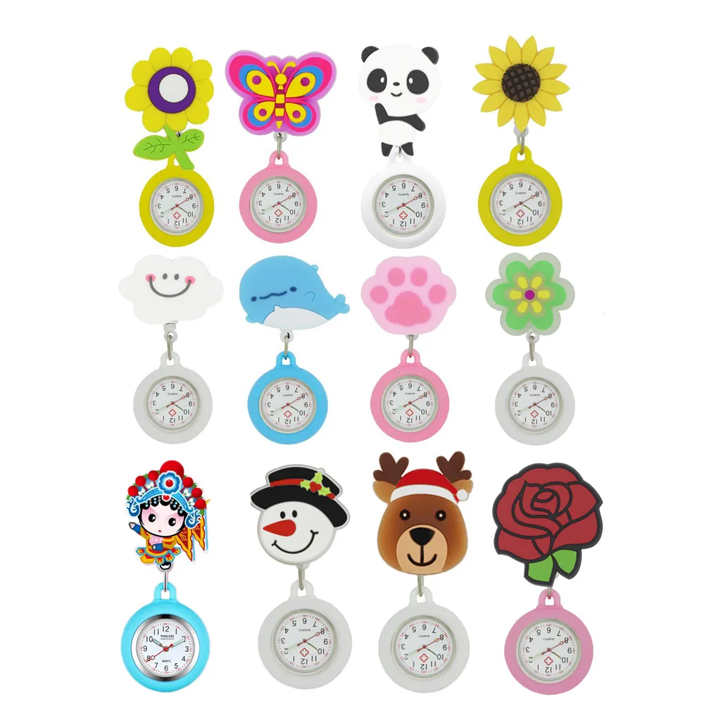 2PCS Retractable Watch For Kids Nurses Doctors Panda Butterfly Cartoon Design Clip-on Hanging Fob Pocket Watch Christmas Gifts
