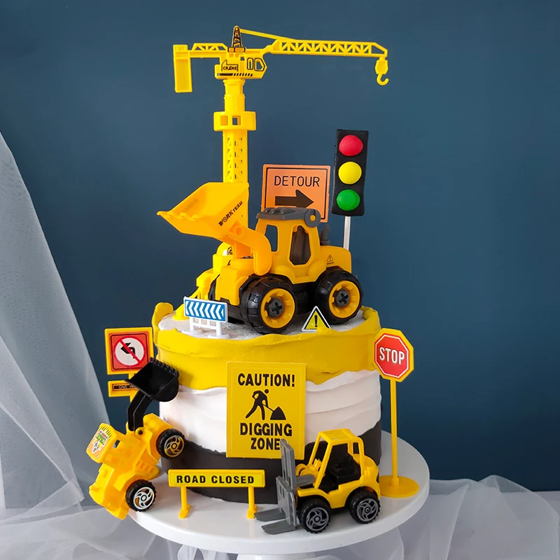 Engineering Construction Excav Birthday Boys Cake Topper Soft Pottery Excavator Stone Truck For Kids Theme Party Cake Decoration images - 6