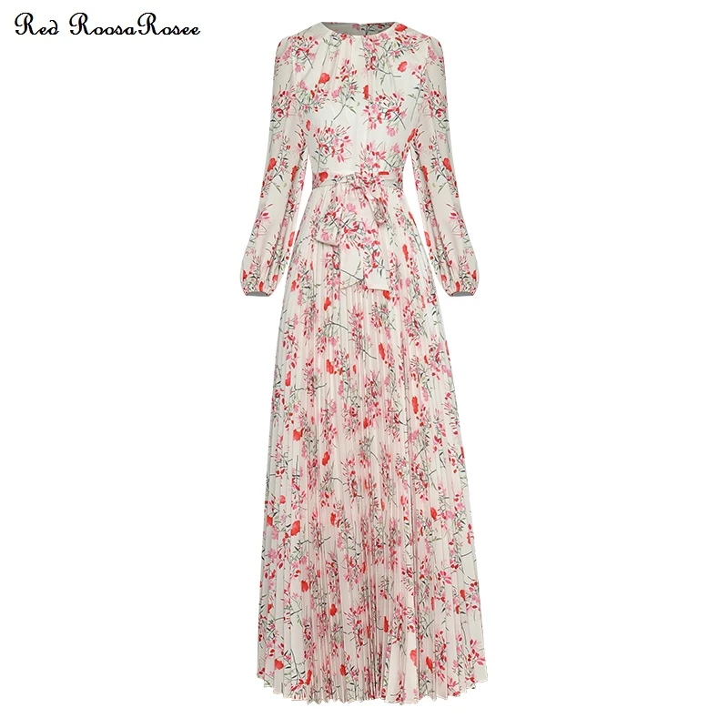 

Женское модельное платье RoosaRosee, красное бежевое платье макси с круглым вырезом, цветочным принтом и рукавами-фонариками, лето 2022
