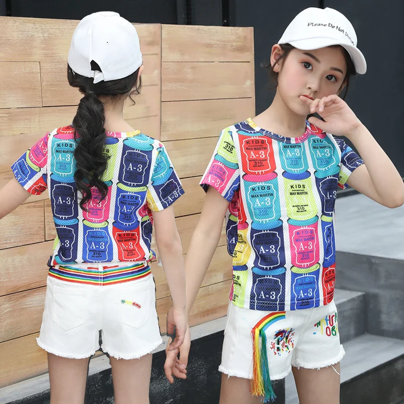 

Спортивная одежда для девочек Новинка Лето 2022 детская одежда джинсовые шорты для детей среднего и старшего возраста Модный комплект из дву...