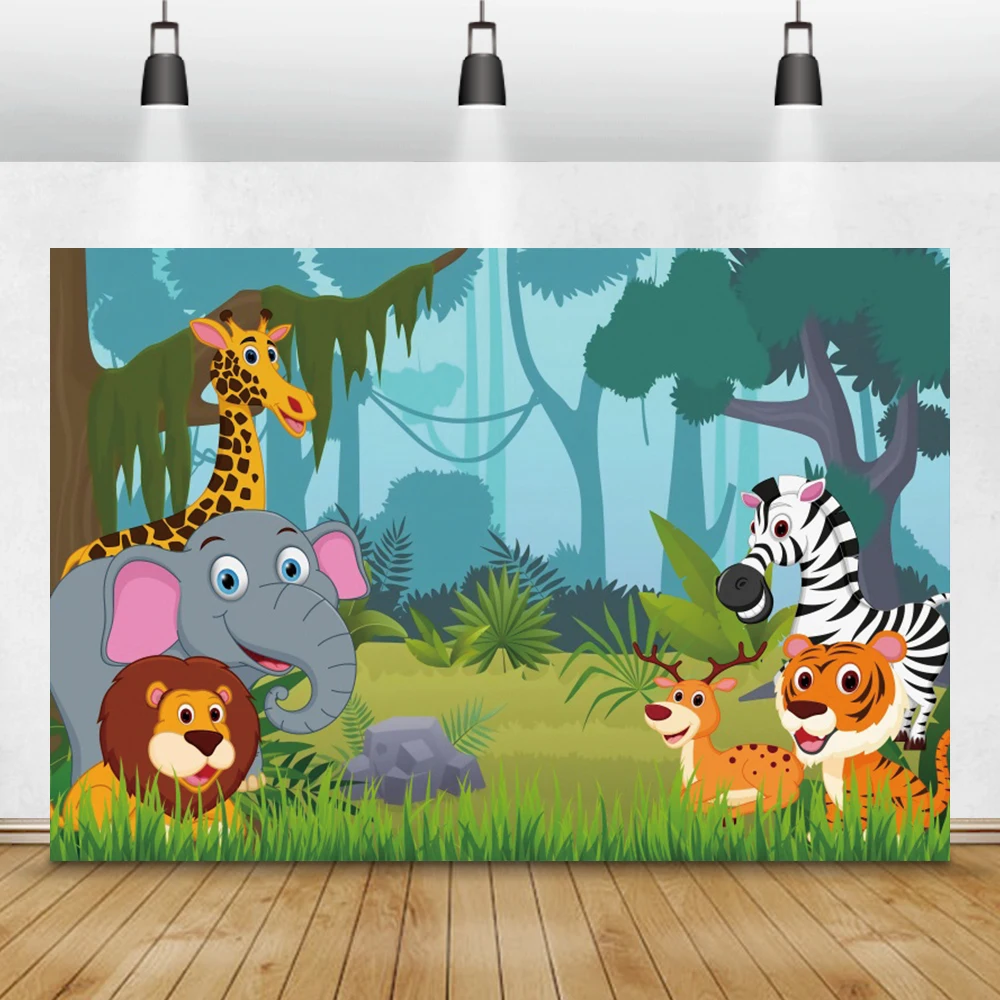 

Laeacco джунгли животные Дети День Рождения фотография фон детский душ дикий сафари слон портрет пользовательский фото фон