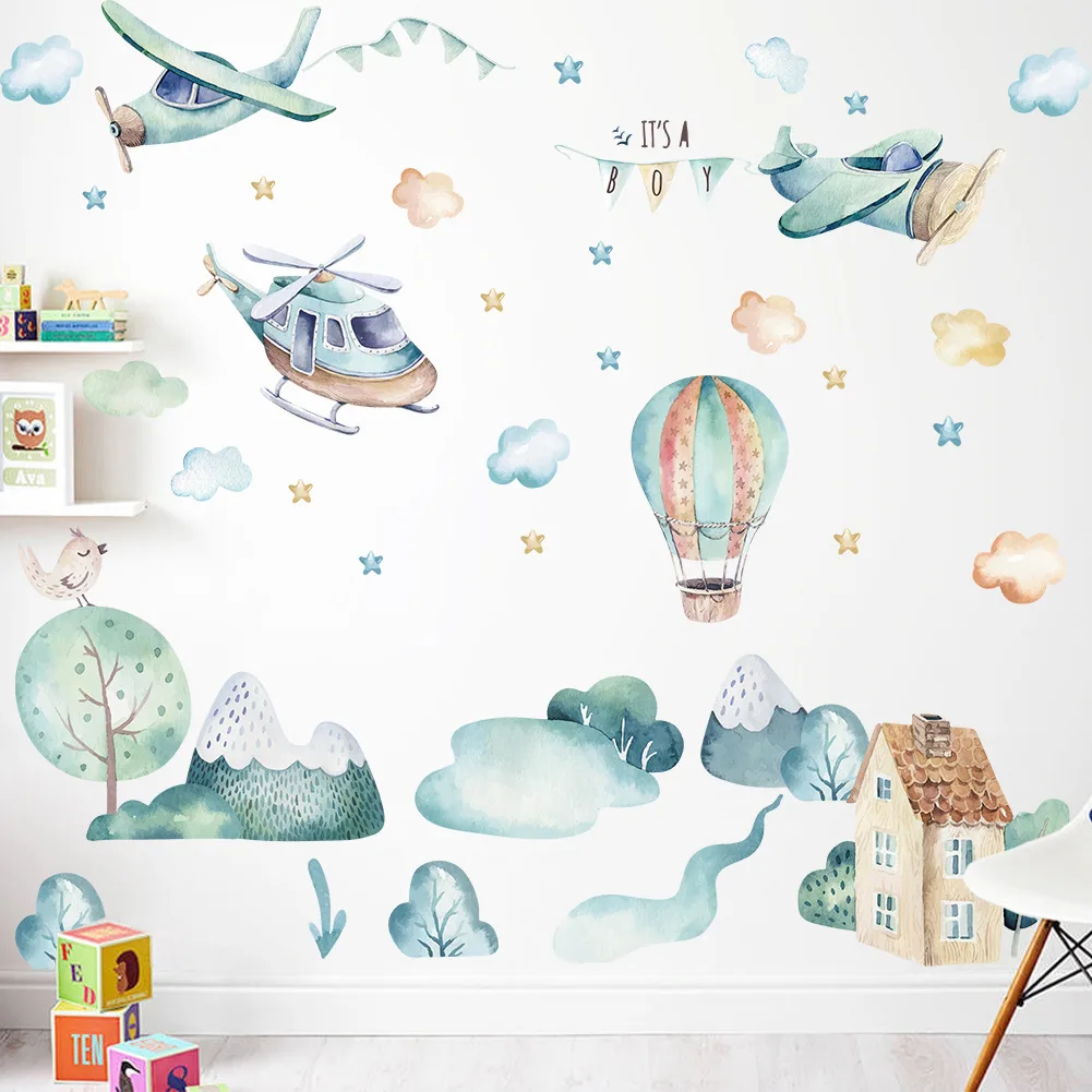 

Cartoon Plane Balloon Wall Stickers for Kindergarten Nursery Kids Baby Bedroom Removable Decals Posters Home Decor Art DIY Mural