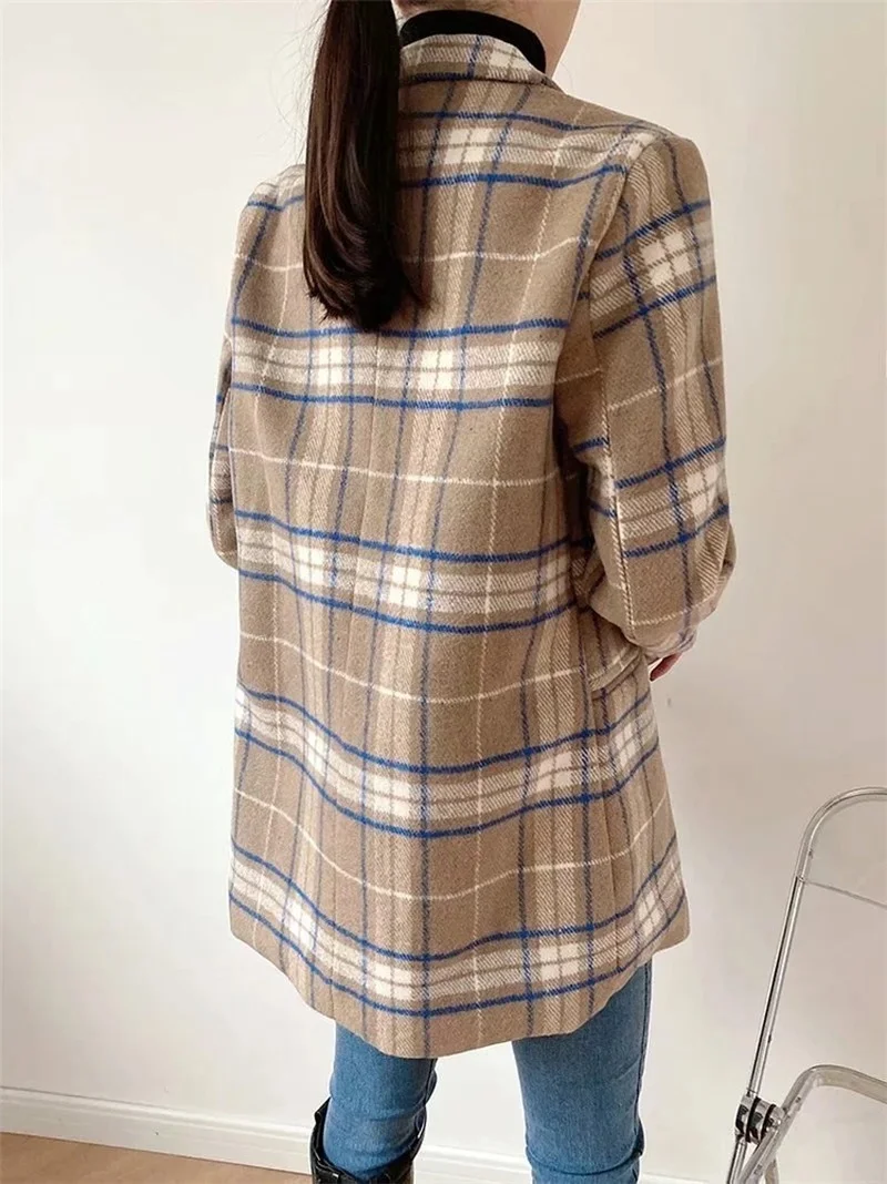 Plaid Blazer Suit Women Contrast Colors Casual Commute Mid Length Office Blazers Double Breasted Woolen Coats 2021 New Fashion