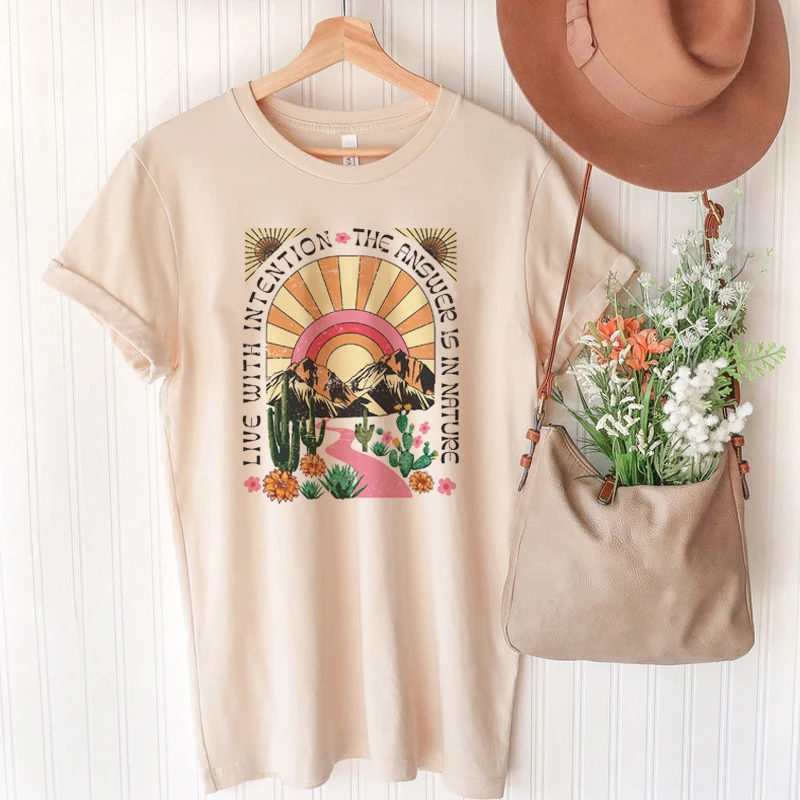 

Live With Intention Vintage Outdoor Graphic T-Shirt Women Short Sleeve Hippie Boho Tshirt Positive Shirt Aesthetic Tops Clothing
