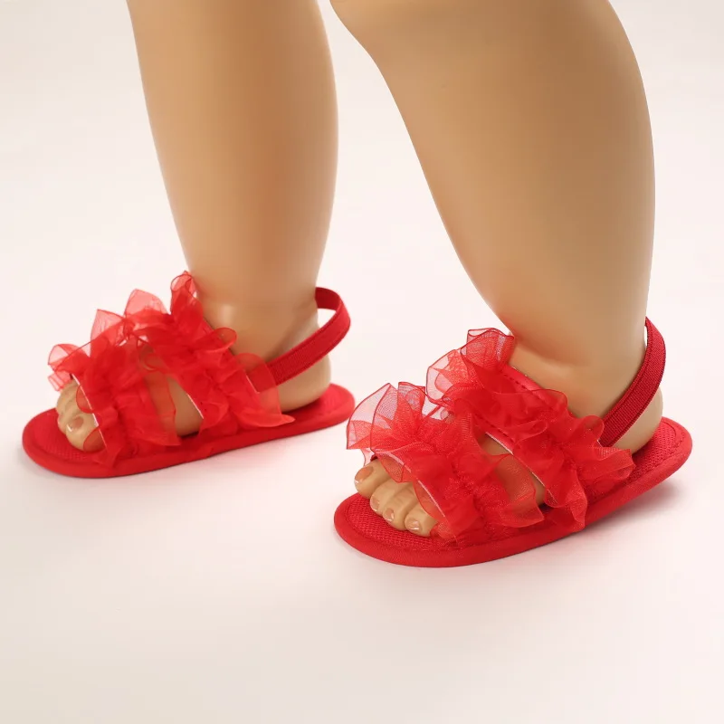 

Детская обувь для девочек на возраст 1 год, кружевная обувь принцессы для первых шагов, хлопковая мягкая подошва для младенцев, летние красные сандалии, обувь для детской кроватки