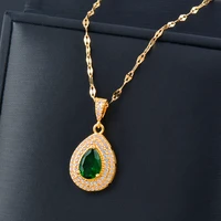 leeker korean fashion stainless steel necklace for women green waterdrop cubic zirconia chain gold color choker jewelry 837 lk2