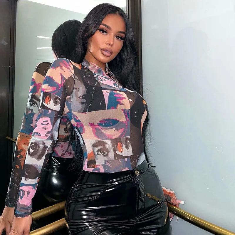 

Women Mock Neck Print Long Sleeve Mesh Bodysuit T Shirts Leotard Top