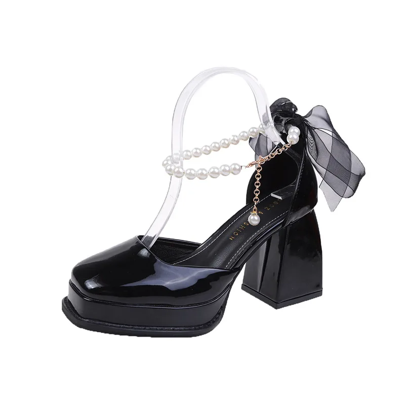 DGZBRV Ladies Shoes On Offer Shoes Classics Rubber 9cm Square Toe String Bead Spring Autumn Pumps Mary Janes Low Price