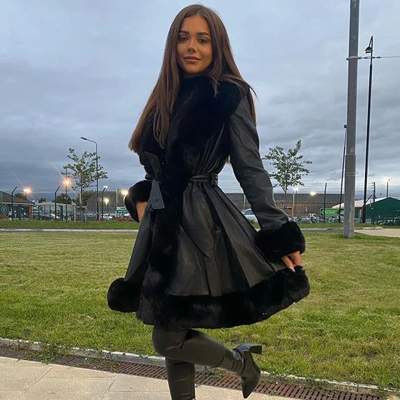 PU Leather Long Jackets Women Fashion Tie Belt Waist Coats Women Elegant Side Pockets Faux Fur Jackets Female Ladies Noble Coat