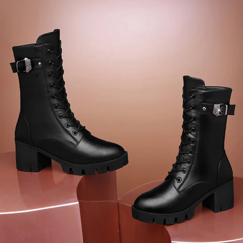 New Winter Boots Women Knee High Long Boots Leather Fashion Lace-Up Snow Boots Non-Slip Black Boots Shoes 2023 New