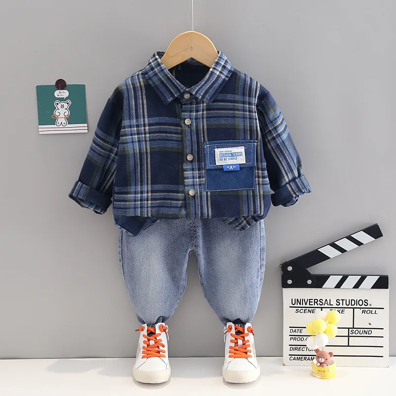 NEW Spring Autumn Fshion Baby Boys Cotton Clothes Plaid Causal Excavator Shirt Pants Jeans 2Pcs/Sets Infant Kids Casual Suits images - 6
