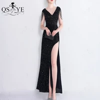 qsyye black evening dresses sequin sexy split prom gown beading straps cap sleeves v neck party backless women formal dress 2022